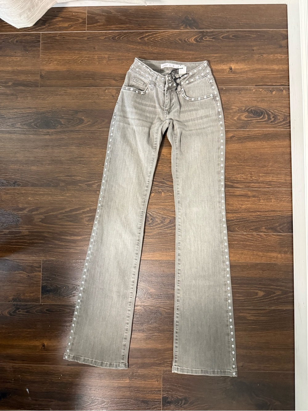 Studded Gray Flare Jeans with studs on the side